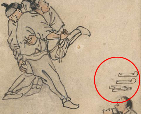 씨름은 외부 세력과의 전쟁이 아니라 내부 경쟁이다. 씨름꾼의 가죽신과 미투리를 나란히 같은 방향으로 그렸다. 연인이나 가족, 친구 관계라는 정서를 반영한 표현이다. [사진 제공 - 심규섭]