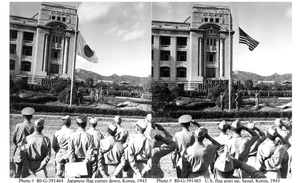 1945년 9월 9일, 미군은 서울로 진주해 38선 이남지역에 대한 군정을 선포하면서 이날 오후 4시30분 조선총독부 정문에 걸린 일장기를 내리고 그 자리에 성조기를 게양했다. [사진출처-통일뉴스]