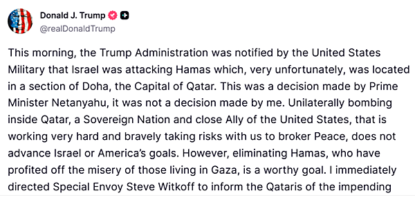 9일 트럼프 미 대통령이 '트루스소셜'에 올린 글.