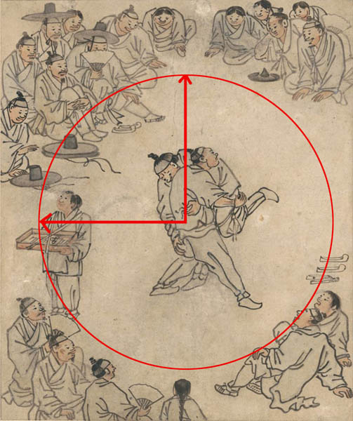 씨름꾼의 무게 중심을 축으로 균형을 잡고 있다. 이를 좌측 엿장수 총각이 무너트리고 있다. 시선으로 좌측으로 쏠리자 더 많은 관중을 좌측에 그려 보완하고 있다. 신발의 방향이 우측인 것과도 무관하지 않다. [사진 제공 – 심규섭]