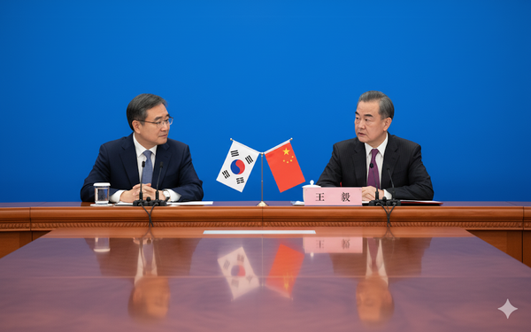 조현 외교부장관과 왕이 외교부장이 회담하는 연출사진 [사진-제미나이 합성]