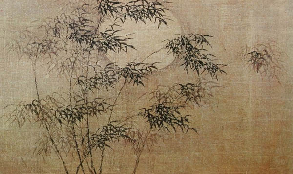 이수문/묵죽화책 중/1424년/종이에 수묵/44.5*30.4/일본 마쓰다이라 소장.보름달을 과장하여 그렸다. 큰 어려움, 절박한 어려움을 나타낸다. 흔들리는 대나무는 양심을 지키는 사람이다. 이발소 호랑이 그림에서 대나무는 실낱같은 희망의 상징이다. [사진 제공 – 심규섭]