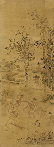 김홍도/행려풍속도 타작. 비단에 그려 병풍으로 만든 고급그림이다. 이 그림은 여행하는 선비가 보는 백성의 삶을 그렸다. 선비의 관점이 곧 감상자의 관점이 되는 이중구조로 창작했다. 이 병풍 그림은 왕족, 고위 관료에게 하사했을 것이다. 타작하는 모습은 화첩 그림과 비슷하지만 양반의 모습은 확연히 다르다. [사진 제공 – 심규섭]