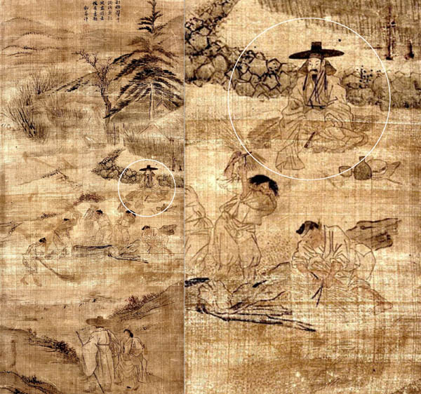 김득신/풍속팔곡병/타작/호암미술관 소장. 김홍도와 절친이던 김득신의 타작도. 도포에 복건을 쓰고 그 위에 갓까지 썼다. 최대로 예의를 갖춘 정장이다. 타작은 열매를 수확하는 일이다. 탁발승, 낱알을 먹는 닭은 곡식의 나눔을 표현한 것이다. [사진 제공 – 심규섭]