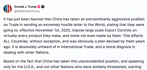 10일 트루스소셜에 올린 트럼프 미 대통령의 글.