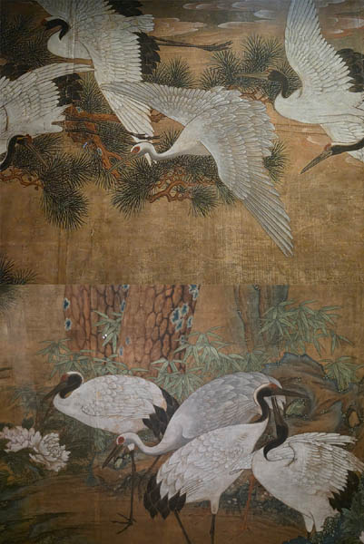 그림에는 16마리의 두루미가 있는데, 하늘을 나는 두루미 중에 한 마리, 땅에 앉은 두루미 속에 한 마리는 시베리아흰두루미이다. [사진 제공 - 심규섭]