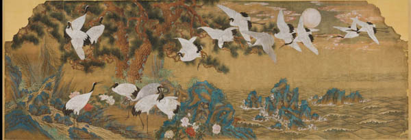 창덕궁 부착벽화인 백학도(百鶴圖. 달밤은 어려운 조선의 상황을, 왼쪽 개울은 일본땅의 상징이다. 소나무에는 일본식 태점으로 장식했으며, 파도의 표현도 전통 형식과 다르다. 16마리의 학은 일본 황실을 상징한다. 어려운 조선을 돕기 위해 일본이 섬에서 날아와 태평성대를 이룬다는 전형적인 식민 통치용 그림이다. [사진 제공 - 심규섭]