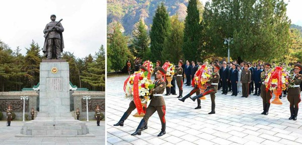 이날 평안남도 회창군의 중국인민지원군 열사능원에도 꽃바구니가 진정됐다. [사진-노동신문] 