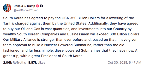 30일자 트럼프 미 대통령 '트루스소셜' 메시지.