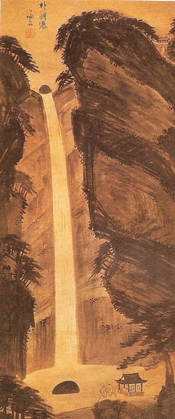 겸재 정선/박연폭도/종이에 수묵/119.5*52cm/조선 1750년 대/개인소장.폭포 그림의 완결판이다. 남종화 방식으로 그려 철학성을 높였으며 왜곡과 과장을 통해 폭포의 내용을 함축했다. 이렇게 폭포만 그린 작품은 중국에도 없었다. 금강전도와 함께 대표적 진경산수화이다. [사진 제공 – 심규섭]