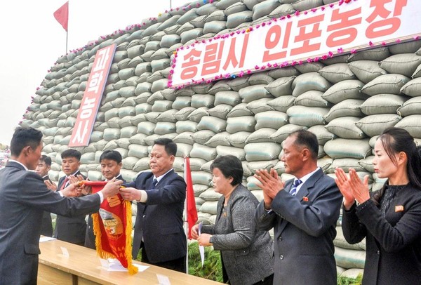 황해북도 송림시 인포농장의 결산분배 모습 [사진-노동신문]