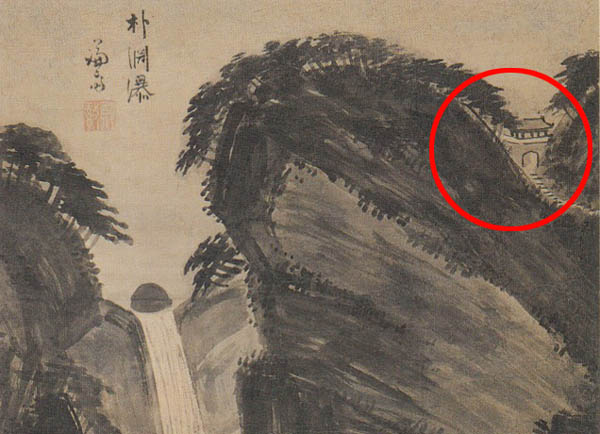 그림 우측에 그려진 대흥산성이다. 성문을 그려야할 조형적 이유는 별로 없다. 오히려 군더더기로 보일 위험성이 있다. 그런데도 굳이 그려 넣은 것은, 성문이 ‘나쁜 것으로부터 지킨다’는 내용이 필요했기 때문이다. [사진 제공 - 심규섭]