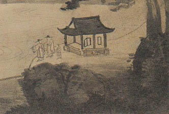 우측에 있는 범사정을 좌측 폭포 앞으로 옮겨 그렸다. 그런데도 우측에서 좌측으로 본 시점이다. 그림에는 벽과 문이 그려져 있으며 축소해서 그렸다. 겸재가 범사정을 보지 않고 그렸을 개연성은 없다. 그렇다면 의도가 있는 것이다. [사진 제공 - 심규섭]