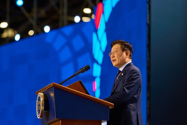 지난 2일 민주평통 출범식에서 연설하는 이재명 대통령. [사진-대통령실]