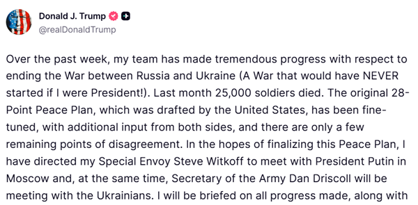 11월 25일 트럼프 미 대통령의 '트루스소셜' 메시지.