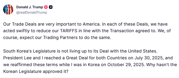 트럼프 미 대통령의 26일자 '트루스소셜' 메시지.