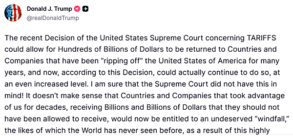 트럼프 미 대통령의 27일 '트루스소셜' 메시지.