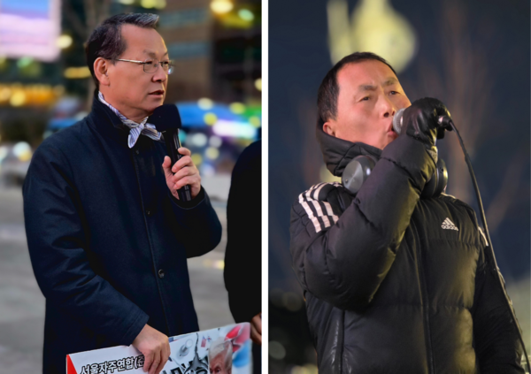 ‘주권 찾기 서울 행동_5차’에서 발언하고 있는 (왼쪽부터) 정성희 자주연합 집행위원장, 김장민 자주연합 정책자문위원 [사진제공-서울자주연합(준), 통일공방 이한복]