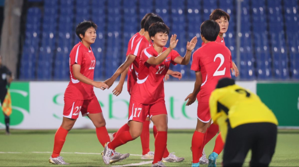 2025년 7월 타지키스탄에서 열린 2026 AFC 여자아시안컵 예선전에 참가한 북한 여자축구대표팀. [사진-AFC 누리집 갈무리]