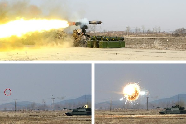 신형 주력탱크의 대전차로켓 요격능력 시험 [사진-노동신문]