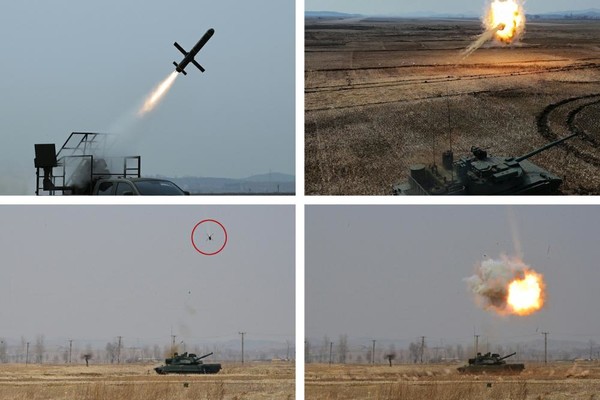 신형 주력탱크의 자폭무인기 요격능력 시험 [사진-노동신문]